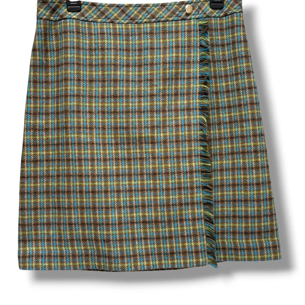Talbots Womens Brown Blue Plaid Wool Blend Fringe Faux Wrap Skirt Size 8